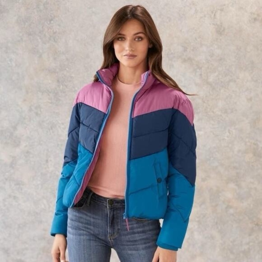 Sundance retro color block Greer mountain puffer jacket zipper pockets size XL